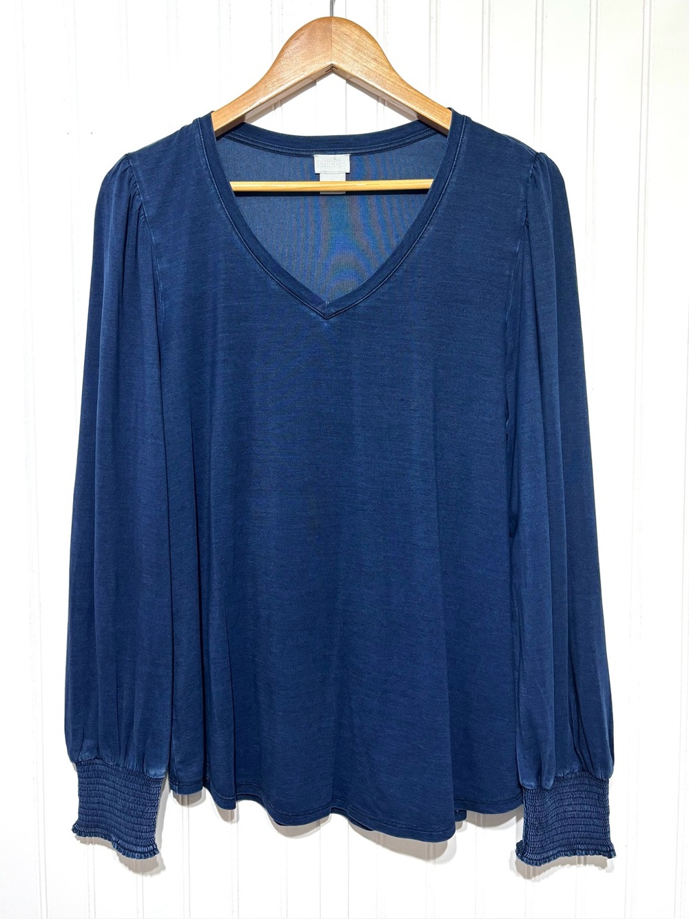 Chico’s Navy V-Neck Smocked Cuff Long Sleeve Top Chico’s 2 Size L